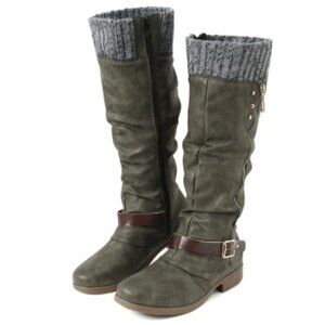 Olive Green Knee High Boots with Sweater Cuff & Buckle Strap | Size 8